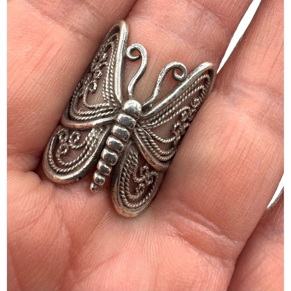 Sterling Silver 925 Filigree Butterfly Statement Ring Size 6.5 Boho Vintage
